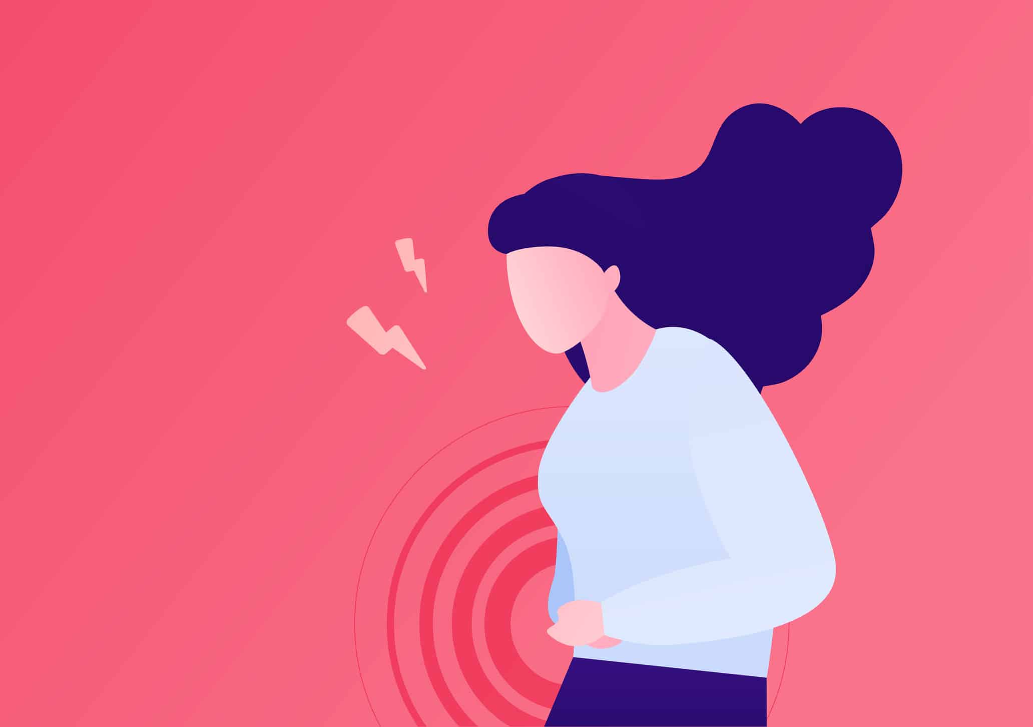 A cartoon illustration of a woman clutching her stomach in pain from endometriosis.